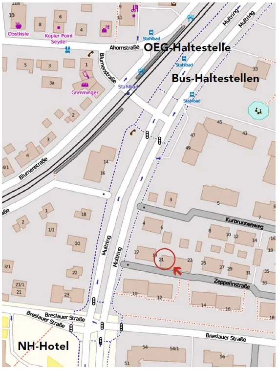 Lageplan: Zeppelinstraße 21 liegt zwischen Multring und Breslauer Straße, wenige Schritte von den Haltestellen Stahlbad entfernt.